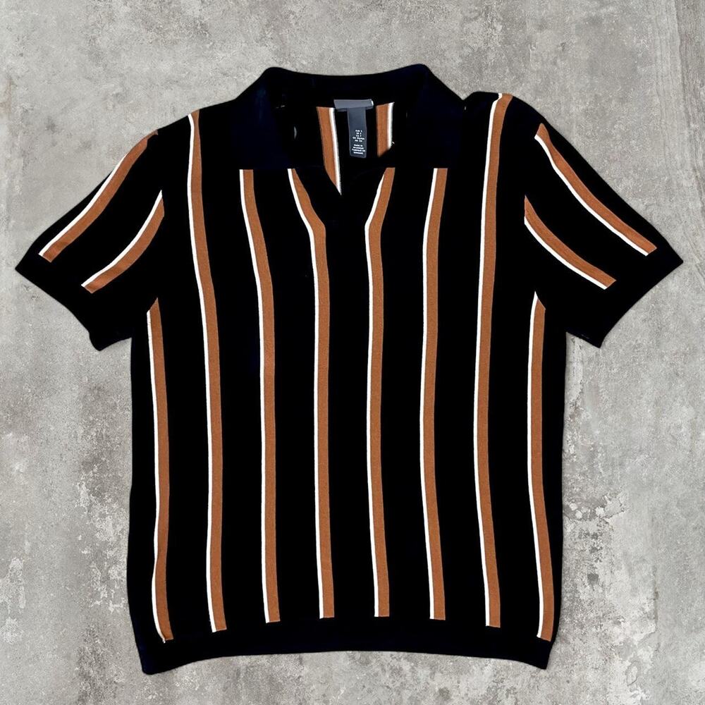 H&M Black Polo Shirt With Vertical Stripes